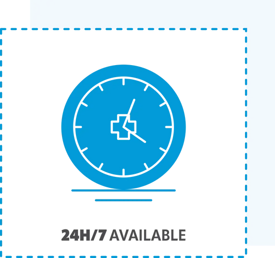 Blue circular clock face with a cross-shaped center and minimalist hour markers.