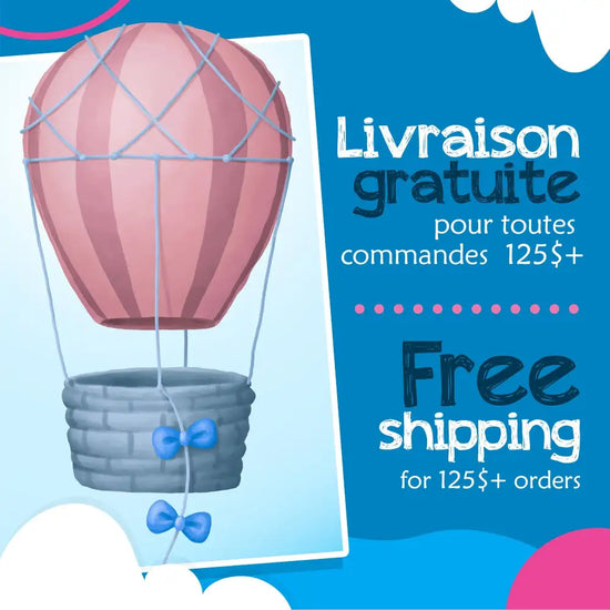 A pink hot air balloon with a gray woven basket and blue bows.