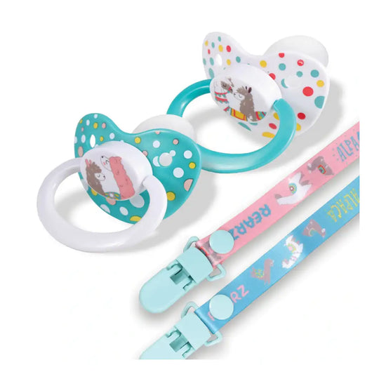 Set of two colorful pacifiers with alpaca-themed designs and matching clip-on straps in teal, pink, and blue.