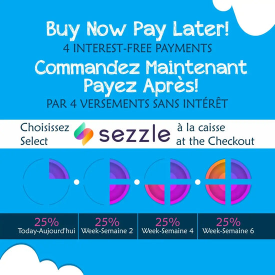 Sezzle payment plan advertisement featuring a vibrant blue background with multicolored circular graphics and white text promoting interest-free 4-payment options.