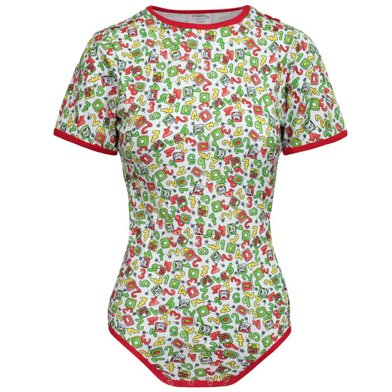 A white short-sleeved bodysuit with red trim and a playful pattern of colorful numbers, letters, and cartoon faces in green, yellow, and red.